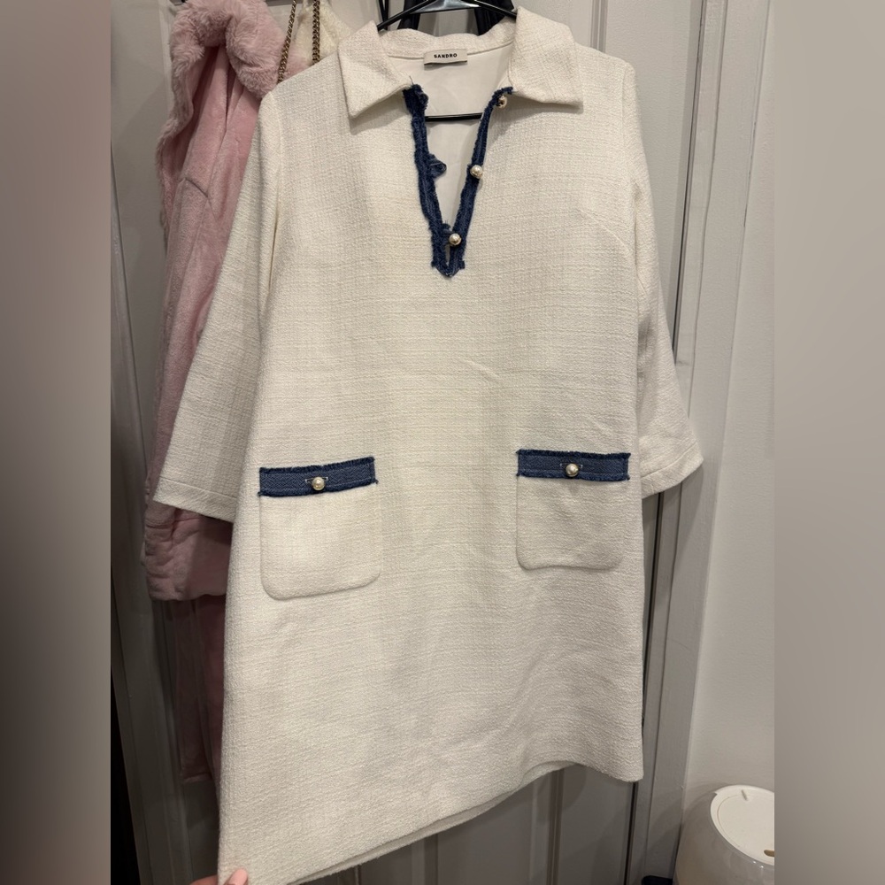 Sandro White Dress with Blue Fringe